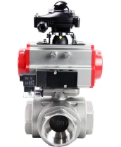 Кран шаровой DN.ru BV3232P(4pc)-SP-3WL-T-ISO-H Ду65 Ру40 стандартнопроходной трехходовой L-тип, нерж. сталь SS316, внутренняя резьба, уплотнение - PTFE, пн.приводом PA-SA-105, пн.распределителем 4M310-08 24В и блоком концевых выключателей APL-210N