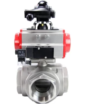 Кран шаровой DN.ru BV3232P(4pc)-SP-3WL-T-ISO-H Ду80 Ру40 стандартнопроходной трехходовой L-тип, нерж. сталь SS316, внутренняя резьба, уплотнение - PTFE, пн.приводом PA-DA-083, пн.распределителем 4M310-08 220В и блоком концевых выключателей APL-210N