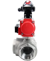 Кран шаровой DN.ru BV3232P(4pc)-SP-3WL-T-ISO-H Ду80 Ру40 стандартнопроходной трехходовой L-тип, нерж. сталь SS316, внутренняя резьба, уплотнение - PTFE, пн.приводом PA-DA-083, пн.распределителем 4M310-08 24В и блоком концевых выключателей APL-210N