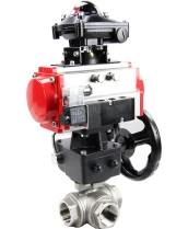Кран шаровой DN.ru BV3232P(4pc)-SP-3WL-T-ISO-H Ду10 Ру63 стандартнопроходной трехходовой L-тип, нерж. сталь SS316, внутренняя резьба, PTFE, пн.приводом PA-DA-065, пн.распределителем 4M310-08 220В, БКВ APL-210N и ручным дублером MON1-250-T26-ISO