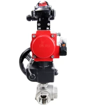 Кран шаровой DN.ru BV3232P(4pc)-SP-3WL-T-ISO-H Ду25 Ру63 стандартнопроходной трехходовой L-тип, нерж. сталь SS316, внутренняя резьба, PTFE, пн.приводом PA-DA-065, пн.распределителем 4M310-08 24В, БКВ APL-210N и ручным дублером MON1-250-T26-ISO