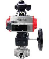 Кран шаровой DN.ru BV3232P(4pc)-SP-3WL-T-ISO-H Ду25 Ру63 стандартнопроходной трехходовой L-тип, нерж. сталь SS316, внутренняя резьба, PTFE, пн.приводом PA-DA-065, пн.распределителем 4M310-08 24В, БКВ APL-210N и ручным дублером MON1-250-T26-ISO
