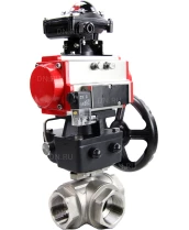 Кран шаровой DN.ru BV3232P(4pc)-SP-3WL-T-ISO-H Ду50 Ру63 стандартнопроходной трехходовой L-тип, нерж. сталь SS316, внутренняя резьба, PTFE, пн.приводом PA-DA-065, пн.распределителем 4M310-08 220В, БКВ APL-210N и ручным дублером MON1-250-T26-ISO