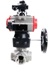Кран шаровой DN.ru BV3232P(4pc)-SP-3WL-T-ISO-H Ду40 Ру63 стандартнопроходной трехходовой L-тип, нерж. сталь SS316, внутренняя резьба, PTFE, пн.приводом PA-DA-065, пн.распределителем 4M310-08 24В, БКВ APL-210N и ручным дублером MON1-250-T26-ISO