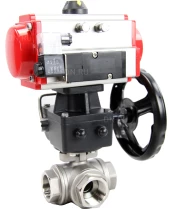Кран шаровой DN.ru BV3232P(4pc)-SP-3WL-T-ISO-H Ду40 Ру63 стандартнопроходной трехходовой L-тип, нерж. сталь SS316, внутренняя резьба, уплотнение - PTFE, пн.приводом PA-DA-065, пн.распределителем 4M310-08 24В и ручным дублером MON1-250-T26-ISO