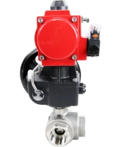 Кран шаровой DN.ru BV3232P(4pc)-SP-3WL-T-ISO-H Ду40 Ру63 стандартнопроходной трехходовой L-тип, нерж. сталь SS316, внутренняя резьба, уплотнение - PTFE, пн.приводом PA-DA-065, пн.распределителем 4M310-08 24В и ручным дублером MON1-250-T26-ISO