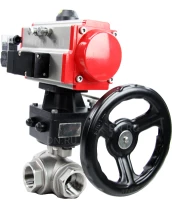 Кран шаровой DN.ru BV3232P(4pc)-SP-3WL-T-ISO-H Ду40 Ру63 стандартнопроходной трехходовой L-тип, нерж. сталь SS316, внутренняя резьба, уплотнение - PTFE, пн.приводом PA-DA-065, пн.распределителем 4M310-08 24В и ручным дублером MON1-250-T26-ISO