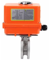 Кран шаровой DN.ru BV3232P-FP-Fb-ISO-H Ду15 Ру16, корпус - сталь 316, уплотнение - PTFE, полнопроходной, межфланцевый с электроприводом DN.ru QT-N-003EM-O1-220VAC-У1 MINI