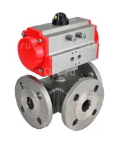 Кран шаровой DN.ru BV3232P(4pc)-FP-3WL-F Ду25 Ру16 полнопроходной трехходовой, фланцевый, корпус - нержавеющая сталь SS316, с пневмоприводом DN.ru PA-DA-052 двойного действия