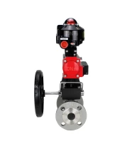 Кран шаровой DN.ru BV3131P(3pc)-FP-F-ISO-H Ду32 Ру40 фланцевый, полнопроходной, трехсоставной, корпус - нерж.сталь SS304, уплотнение - PTFE, с пн.приводом DN.ru PA-DA-052 пн.распределителем 4M310-08 220В редуктором MON1-250-T26-ISO БКВ APL-510N-EX