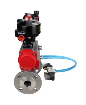 Кран шаровой DN.ru BV3131P(3pc)-FP-F-ISO-H Ду32 Ру40 фланцевый, полнопроходной, трехсоставной, корпус - нерж. сталь SS304, уплотнение - PTFE, с пн.приводом DN.ru PA-SA-083 пн.распределителем 4V320-08 БПВ AFC2000 БКВ APL-510N-EX