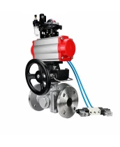 Кран шаровой DN.ru Ду80 Ру16 HYMT, трехходовой L-тип, полнопроходной, фланцевый, нерж.сталь SS316, с пн.приводом PA-DA-105, пн.распределителем 4V320-10 AC220V, ручн.дублером MON3-700-T38-ISO, БКВ APL-210N и БПВ AFC2000 (BV3232P(2pc)-FP-3WL-F-ISO-H)
