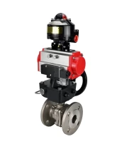 Кран шаровой DN.ru BV3232P(2pc)-FP-F-ISO-H Ду25 Ру40 фланцевый, полнопроходной, двухсоставной, корпус - нерж.сталь SS316, уплотнение - PTFE, с пн.приводом DN.ru PA-DA-065 пн.распределителем 4M310-08 220В редуктором MON1-250-T26-ISO БКВ APL-510N-EX