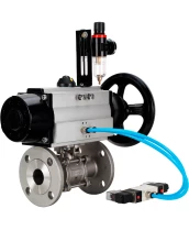 Кран шаровой DN.ru BV3232P(3pc)-FP-F-ISO-H Ду65 Ру40 фланцевый с ISO-фланцем, корпус - нержавеющая сталь 316, полнопроходной, уплотнение - PTFE, с пневмоприводом PA-DA-105-1, пневмораспределителем 4V320-10 220В, БПВ AFC2000
