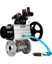 Кран шаровой DN.ru BV3232P(3pc)-FP-F-ISO-H Ду80 Ру40 фланцевый с ISO-фланцем, корпус - нержавеющая сталь 316, полнопроходной, уплотнение - PTFE, с пневмоприводом PA-DA-105-1, пневмораспределителем 4V320-10 220В, БКВ APL-210N, БПВ AFC2000