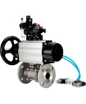 Кран шаровой DN.ru BV3232P(3pc)-FP-F-ISO-H Ду80 Ру40 фланцевый с ISO-фланцем, корпус - нержавеющая сталь 316, полнопроходной, уплотнение - PTFE, с пневмоприводом PA-DA-105-1, пневмораспределителем 4V320-10 220В, БКВ APL-210N, БПВ AFC2000