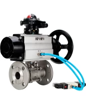 Кран шаровой DN.ru BV3232P(3pc)-FP-F-ISO-H Ду80 Ру40 фланцевый с ISO-фланцем, корпус - нержавеющая сталь 316, полнопроходной, уплотнение - PTFE, с пневмоприводом PA-DA-105-1, пневмораспределителем 4V320-10 220В, БКВ APL-210N