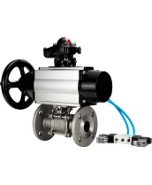 Кран шаровой DN.ru BV3232P(3pc)-FP-F-ISO-H Ду80 Ру40 фланцевый с ISO-фланцем, корпус - нержавеющая сталь 316, полнопроходной, уплотнение - PTFE, с пневмоприводом PA-DA-105-1, пневмораспределителем 4V320-10 220В, БКВ APL-210N