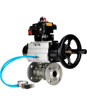 Кран шаровой DN.ru BV3232P(3pc)-FP-F-ISO-H Ду65 Ру40 фланцевый с ISO-фланцем, корпус - нержавеющая сталь 316, полнопроходной, уплотнение - PTFE, с пневмоприводом PA-DA-105-1, пневмораспределителем 4V320-08 220В, БКВ APL-410N Ex