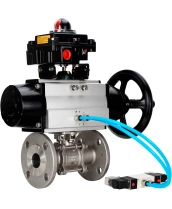 Кран шаровой DN.ru BV3232P(3pc)-FP-F-ISO-H Ду100 Ру25 фланцевый с ISO-фланцем, корпус - нержавеющая сталь 316, полнопроходной, уплотнение - PTFE, с пневмоприводом PA-DA-105-1, пневмораспределителем 4V320-10 220В, БКВ APL-410N Ex