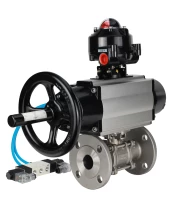 Кран шаровой DN.ru BV3232P(3pc)-FP-F-ISO-H Ду80 Ру40 фланцевый с ISO-фланцем, корпус - нержавеющая сталь 316, полнопроходной, уплотнение - PTFE, с пневмоприводом PA-DA-105-1, пневмораспределителем 4V320-08 220В, БКВ APL-510N Ex