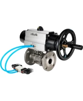 Кран шаровой DN.ru BV3232P(3pc)-FP-F-ISO-H Ду65 Ру40 фланцевый с ISO-фланцем, корпус - нержавеющая сталь 316, полнопроходной, уплотнение - PTFE, с пневмоприводом PA-DA-105-1, пневмораспределителем 4V320-08 220В