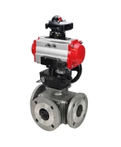 Кран шаровой DN.ru BV3232P(4pc)-FP-3WL-F Ду25 Ру16 полнопроходной трехходовой, фланцевый, корпус - нержав.сталь SS316, с пневмоприводом DN.ru PA-DA-052 двойного действия, пневмораспределителем 4M310-08 220В, БКВ APL-210N и ручным дублером MON1-250-T26-ISO