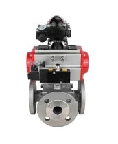 Кран шаровой DN.ru BV3232P(4pc)-FP-3WL-F Ду25 Ру16 полнопроходной трехходовой, фланцевый, корпус - нержавеющая сталь SS316, с пневмоприводом DN.ru PA-DA-052 двойного действия, пневмораспределителем 4M310-08 220В и БКВ APL-210N