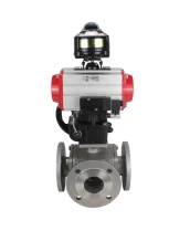Кран шаровой DN.ru BV3232P(4pc)-FP-3WL-F Ду20 Ру16 полнопроходной трехходовой, фланцевый, корпус - нержав.сталь SS316, с пневмоприводом DN.ru PA-DA-052 двойн.действия, пневмораспределителем 4M310-08 220В, БКВ APL-510N EX и ручным дублером MON1-250-T26-ISO