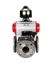 Кран шаровой DN.ru BV3232P(4pc)-FP-3WL-F Ду20 Ру16 полнопроходной трехходовой, фланцевый, корпус - нержавеющая сталь SS316, с пневмоприводом DN.ru PA-DA-052 двойного действия, пневмораспределителем 4M310-08 220В и БКВ APL-510N EX