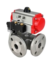 Кран шаровой DN.ru BV3232P(4pc)-FP-3WL-F Ду25 Ру16 полнопроходной трехходовой, фланцевый, корпус - нержавеющая сталь SS316, с пневмоприводом DN.ru PA-DA-052 двойного действия и пневмораспределителем 4M310-08 220В