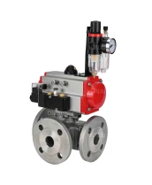 Кран шаровой DN.ru BV3232P(4pc)-FP-3WL-F Ду15 Ру16 полнопроходной трехходовой, фланцевый, корпус - нержавеющая сталь SS316, с пневмоприводом DN.ru PA-DA-052 двойного действия, пневмораспределителем 4M310-08 220В и БПВ AFC2000