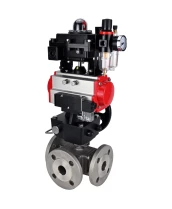 Кран шаровой DN.ru BV3232P(4pc)-FP-3WL-F Ду20 Ру16 полнопроходной трехходовой, фланцевый, корпус - нержавеющая сталь SS316, с пневмоприводом PA-DA-052, пневмораспределителем 4M310-08 220В, БКВ APL-410N EX, ручным дублером MON1-250-T26-ISO и БПВ AFC2000