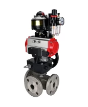 Кран шаровой DN.ru BV3232P(4pc)-FP-3WL-F Ду20 Ру16 полнопроходной трехходовой, фланцевый, корпус - нержав.сталь SS316, с пневмоприводом DN.ru PA-DA-052, пневмораспределителем 4M310-08 220В, БКВ APL-510N EX, ручным дублером MON1-250-T26-ISO и БПВ AFC2000