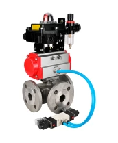 Кран шаровой DN.ru BV3232P(4pc)-FP-3WL-F Ду20 Ру16 полнопроходной трехходовой, фланцевый, корпус - нержавеющая сталь SS316, с пневмоприводом DN.ru PA-DA-052 двойного действия, пневмораспределителем 4V320-08 220В, БКВ APL-410N EX и БПВ AFC2000
