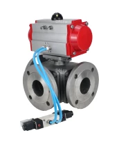 Кран шаровой DN.ru BV3232P(4pc)-FP-3WL-F Ду25 Ру16 полнопроходной трехходовой, фланцевый, корпус - нержавеющая сталь SS316, с пневмоприводом DN.ru PA-DA-052 двойного действия и пневмораспределителем 4V320-08 220В