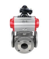 Кран шаровой DN.ru BV3232P(4pc)-FP-3WL-F Ду20 Ру16 полнопроходной трехходовой, фланцевый, корпус - нержавеющая сталь SS316, с пневмоприводом DN.ru PA-DA-052 двойного действия и БКВ APL-210N