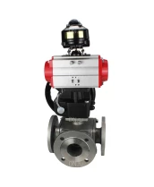 Кран шаровой DN.ru BV3232P(4pc)-FP-3WL-F Ду15 Ру16 полнопроходной трехходовой, фланцевый, корпус - нержавеющая сталь SS316, с пневмоприводом DN.ru PA-DA-052 двойного действия, БКВ APL-510N EX и ручным дублером MON1-250-T26-ISO
