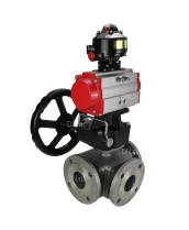 Кран шаровой DN.ru BV3232P(4pc)-FP-3WL-F Ду15 Ру16 полнопроходной трехходовой, фланцевый, корпус - нержавеющая сталь SS316, с пневмоприводом DN.ru PA-DA-052 двойного действия, БКВ APL-510N EX и ручным дублером MON1-250-T26-ISO