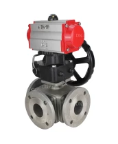 Кран шаровой DN.ru BV3232P(4pc)-FP-3WL-F Ду20 Ру16 полнопроходной трехходовой, фланцевый, корпус - нержавеющая сталь SS316, с пневмоприводом DN.ru PA-DA-052 двойного действия и ручным дублером MON1-250-T26-ISO