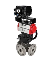 Кран шаровой DN.ru BV3232P(4pc)-FP-3WL-F Ду20 Ру16 полнопроходной трехходовой, фланцевый, корпус - нержав.сталь SS316, с пневмоприводом DN.ru PA-DA-052 двойного действия, пневмопозиционером YT-1000RSN без обратной связи и ручным дублером MON1-250-T26-ISO