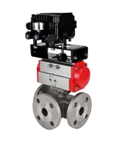 Кран шаровой DN.ru BV3232P(4pc)-FP-3WL-F Ду20 Ру16 полнопроходной трехходовой, фланцевый, корпус - нержавеющая сталь SS316, с пневмоприводом DN.ru PA-DA-052 двойного действия и пневмопозиционером YT-1000RSN без обратной связи