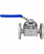 Кран шаровой DN.ru BV3232P(4pc)-FP-3WL-F-ISO-H Ду15 Ру16 полнопроходной трехходовой, нержавеющая сталь SS316, фланцевый, уплотнение - PTFE, ISO-фланец F03/F04 квадрат 9х9, с рукояткой