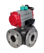 Кран шаровой DN.ru BV3232P(4pc)-FP-3WL-F-ISO-H Ду100 Ру16 полнопроходной трехходовой L-тип, фланцевый, корпус - нержавеющая сталь SS316, уплотнение - PTFE, с пневмоприводом PA-DA-105, пневмораспределителем 4M310-08 220В и магнитным переключателем ALS200D