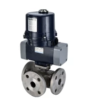 Кран шаровой DN.ru BV3232P(4pc)-FP-3WL-F-ISO-H Ду15 Ру16 полнопроходной трехходовой, фланцевый, корпус - нержавеющая сталь SS316, уплотнение - PTFE, с электроприводом четвертьоборотным DN.ru QTSA-N-003EM-O0-220VAC с пружинным возвратом