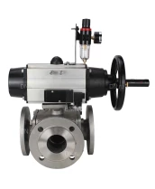 Кран шаровой DN.ru BV3232P(4pc)-FP-3WL-F Ду100 Ру16 полнопроходной трехходовой, фланцевый, корпус - нержавеющая сталь SS316, с пневмоприводом DN.ru PA-DA-105-1 двойного действия, пневмораспределителем 4M310-08 220В и БПВ AFC2000