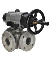 Кран шаровой DN.ru BV3232P(4pc)-FP-3WL-F Ду100 Ру16 полнопроходной трехходовой, фланцевый, корпус - нержавеющая сталь SS316, с пневмоприводом DN.ru PA-DA-105-1 двойного действия и пневмораспределителем 4M310-08 220В