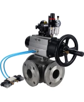 Кран шаровой DN.ru BV3232P(4pc)-FP-3WL-F Ду100 Ру16 полнопроходной трехходовой, фланцевый, корпус - нержавеющая сталь SS316, с пневмоприводом DN.ru PA-DA-105-1, пневмораспределителем 4V320-08 220В, БКВ APL-210N и БПВ AFC2000