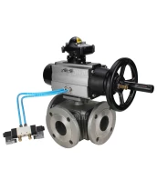 Кран шаровой DN.ru BV3232P(4pc)-FP-3WL-F Ду100 Ру16 полнопроходной трехходовой, фланцевый, корпус - нержавеющая сталь SS316, с пневмоприводом DN.ru PA-DA-105-1 двойного действия, пневмораспределителем 4V320-08 220В и БКВ APL-210N