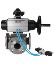 Кран шаровой DN.ru BV3232P(4pc)-FP-3WL-F Ду100 Ру16 полнопроходной трехходовой, фланцевый, корпус - нержавеющая сталь SS316, с пневмоприводом DN.ru PA-DA-105-1 двойного действия, пневмораспределителем 4V320-10 220В и БКВ APL-210N